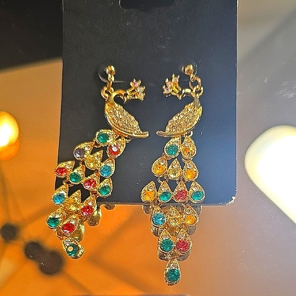 Elegant Gold Peacock Earrings with Multicolor Gems - Picture 1 of 4